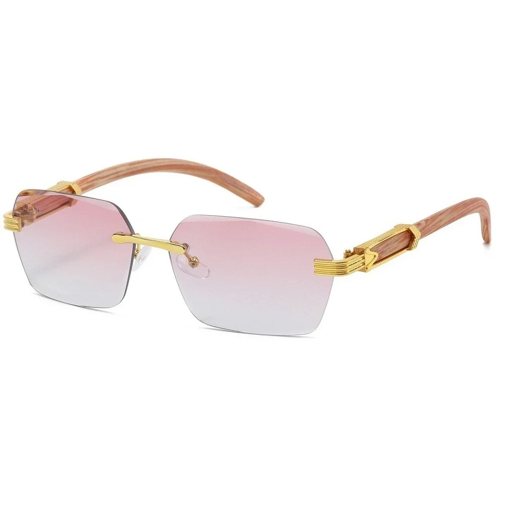 Rimless Sunglasses Men Fashion Shades Wood Grain Arm Pink Lens Retro Lentes 2026